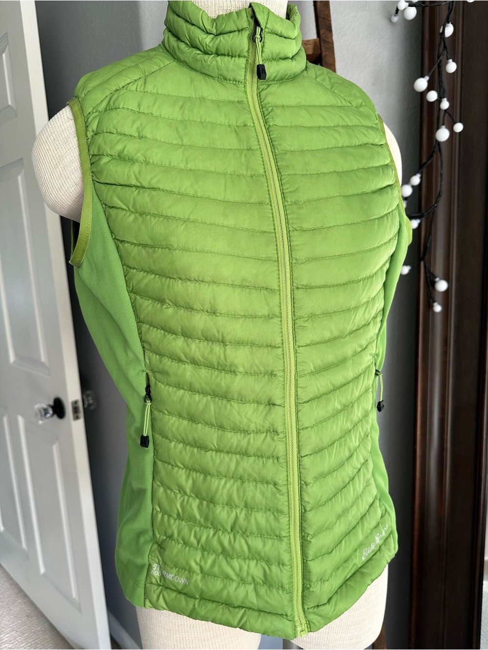 Eddie Bauer lime green quilted down vest, size medium